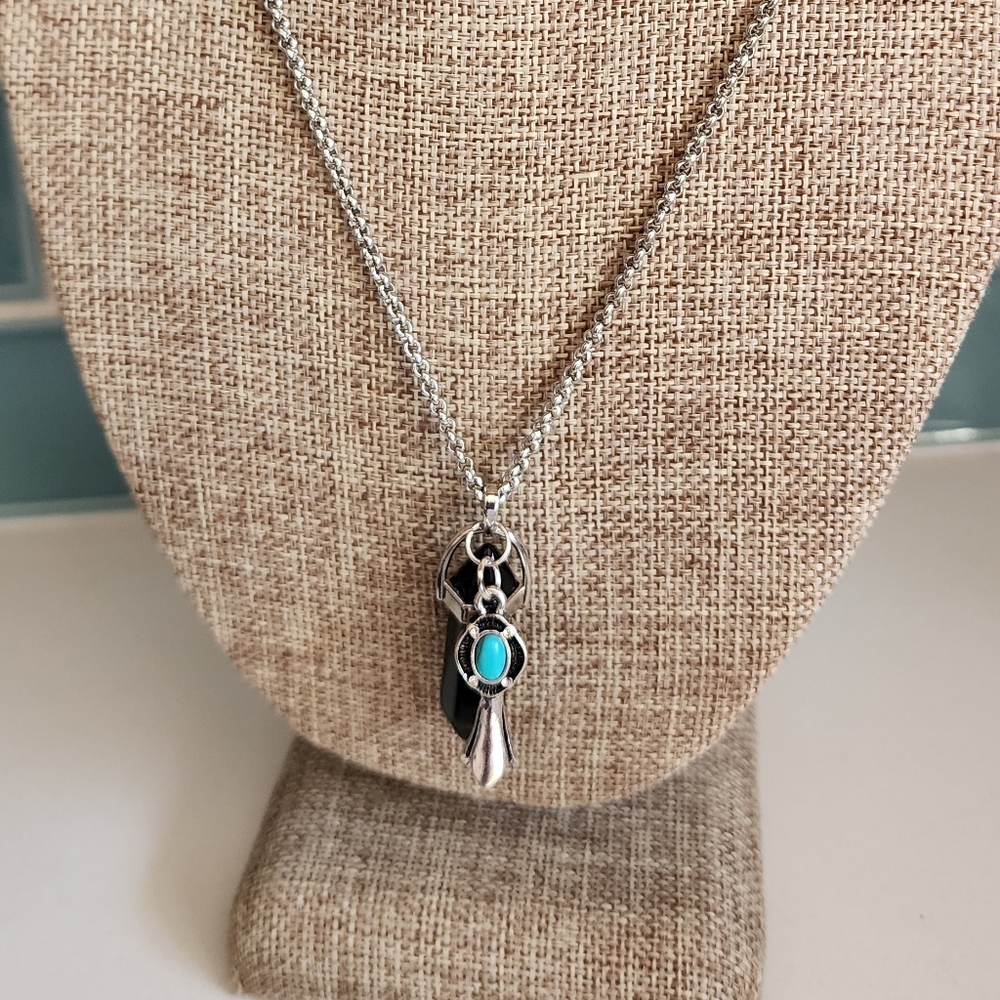 Artisan Black Onyx W/ Turquoise Chakra Healing Handmade 18" Stainless Necklace